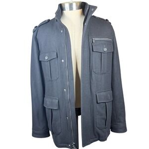 Military Field Jacket Express Mens Black Wool Blend Hidden Hood Size M